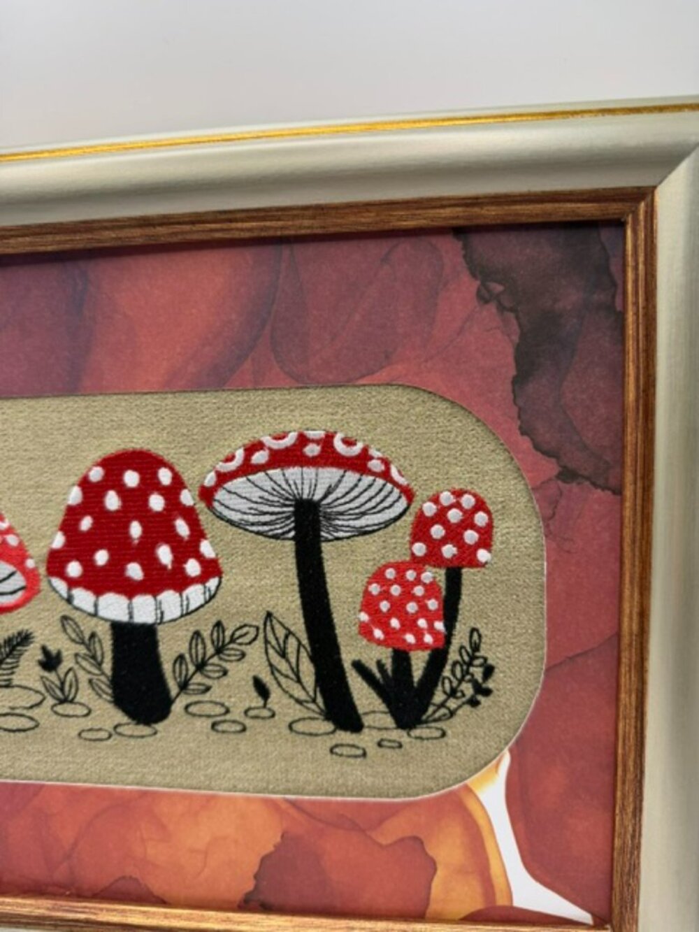 Homemade Red Mushroom Embroidery Art - Picture 2 of 7